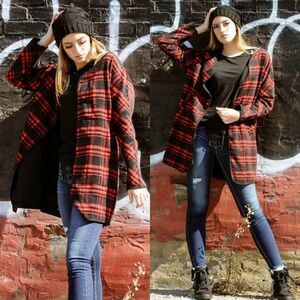 Red and Black Plaid Open Front Longline Coat